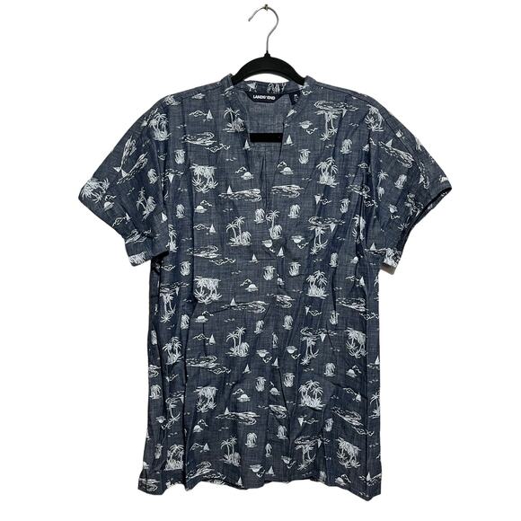 Lands' End Palm Tree Sailboats Shirt Women's Size M Short Sleeve V Neck - Picture 1 of 6
